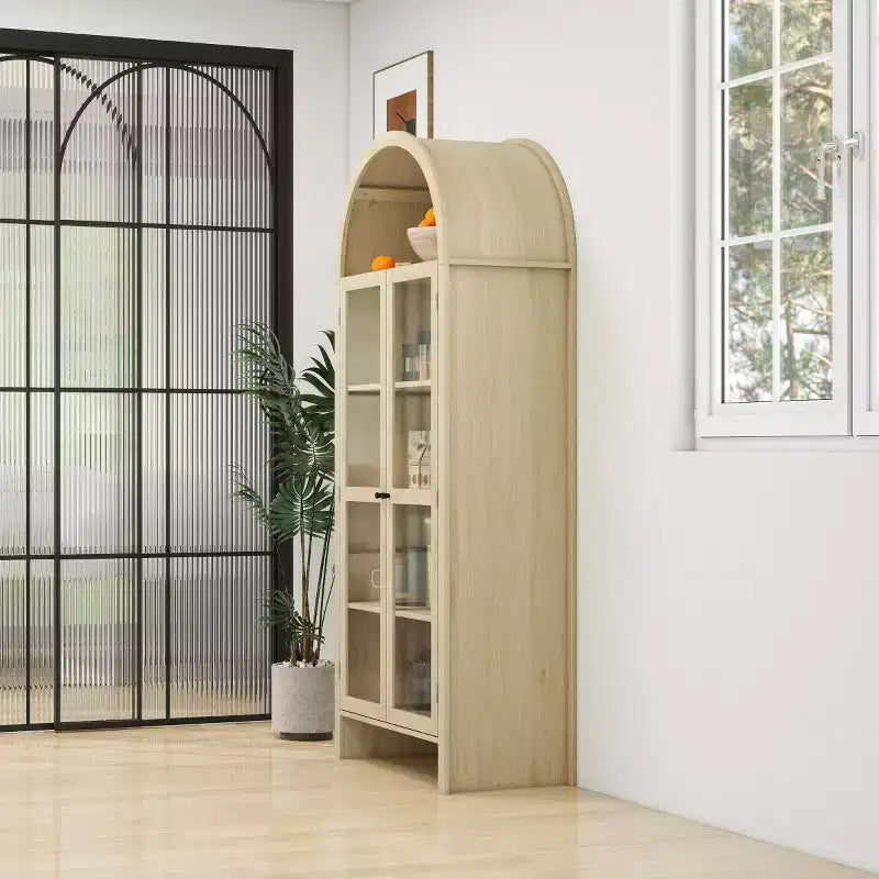 Vetrina ad Arco Moderna Naturale con Ante in Vetro – Ripiano Aperto / Due Cassetti, Montaggio per 1 Persona