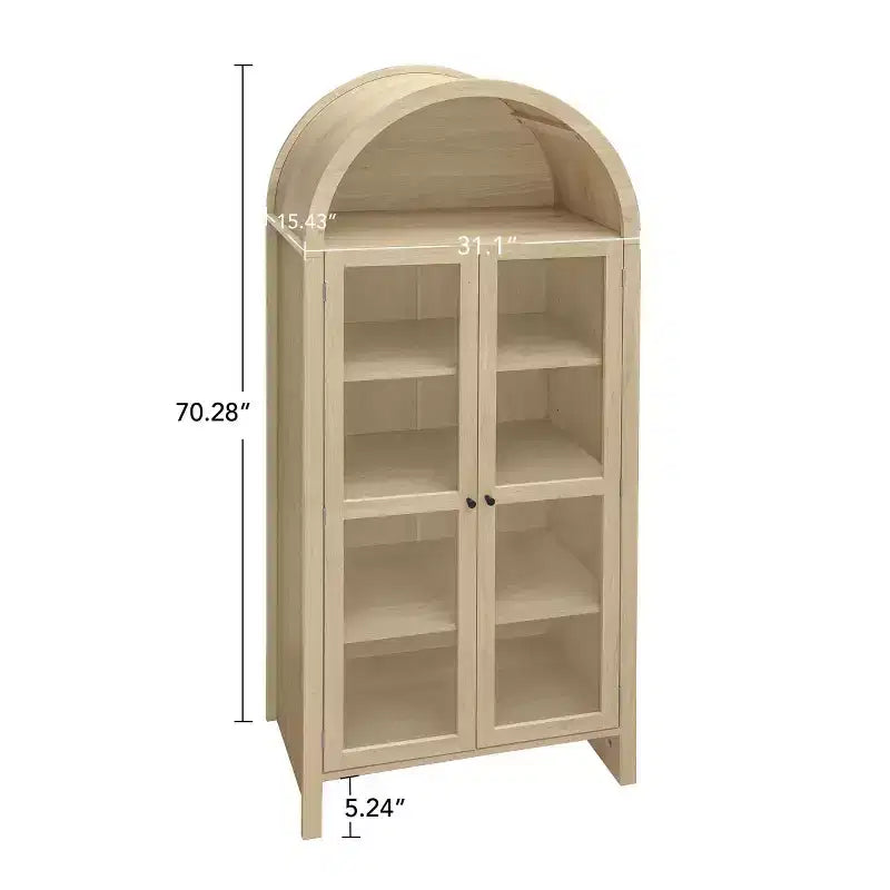 Natural Modern Arched Display Cabinet with Glass Doors – Open Shelf / Two Drawers, 1-Person Assembly