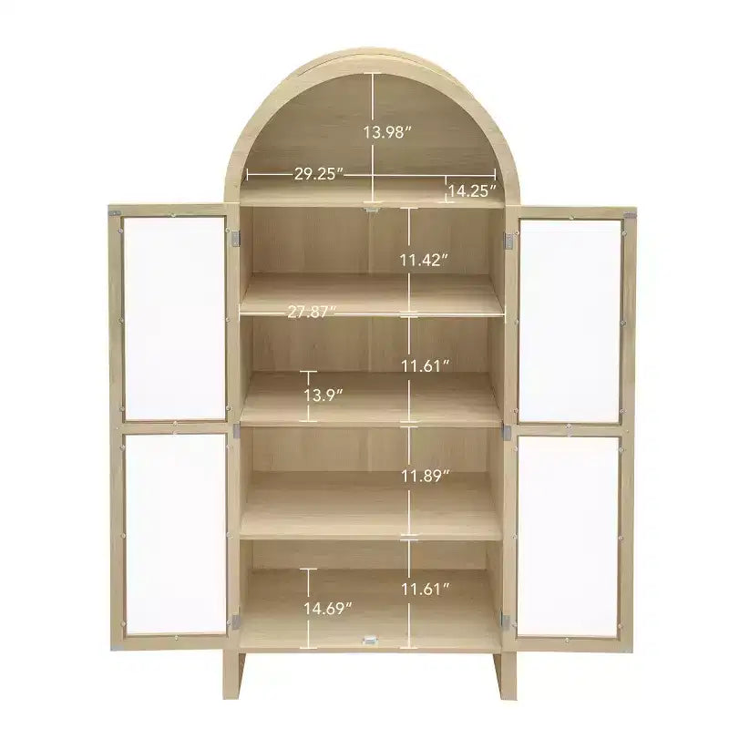 Natural Modern Arched Display Cabinet with Glass Doors – Open Shelf / Two Drawers, 1-Person Assembly