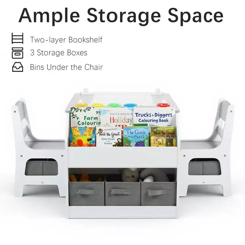 Tavolo per attività 4-in-1 e set 2 sedie per bambini, Grigio/Naturale, 3-10 anni, 3 pezzi