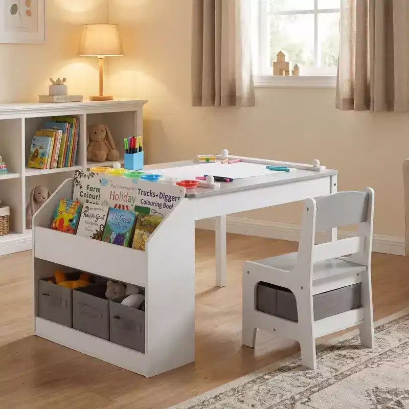 Tavolo per attività 4-in-1 e set 2 sedie per bambini, Grigio/Naturale, 3-10 anni, 3 pezzi