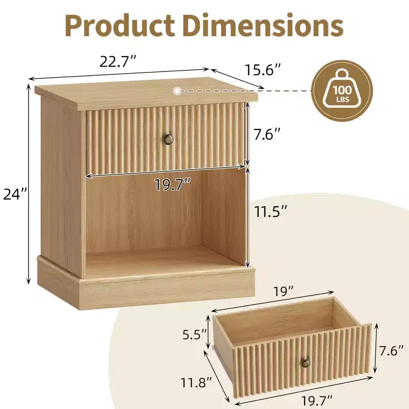 Comodino marrone/legno scanalato con cassetto – Singolo, ripiano aperto, rettangolare