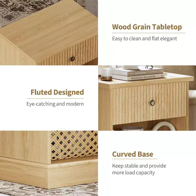 Comodino marrone/legno scanalato con cassetto – Singolo, ripiano aperto, rettangolare
