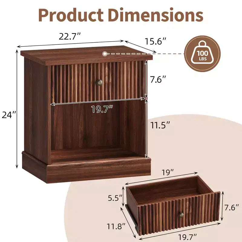 Comodino marrone/legno scanalato con cassetto – Singolo, ripiano aperto, rettangolare