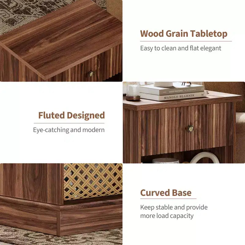Comodino marrone/legno scanalato con cassetto – Singolo, ripiano aperto, rettangolare