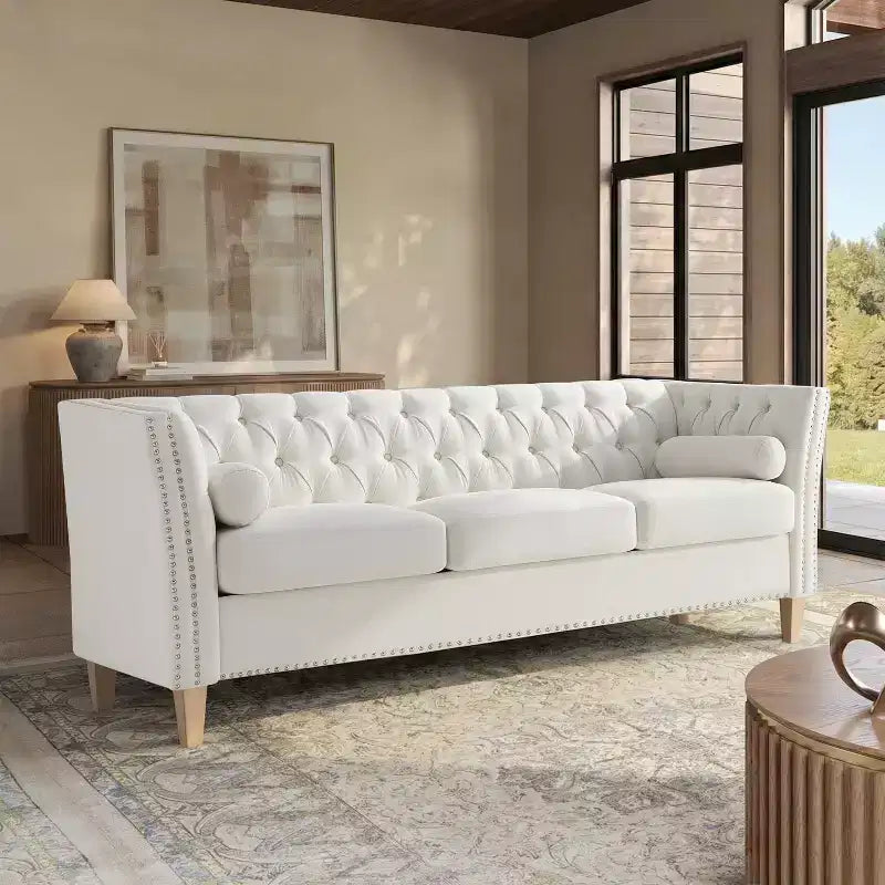 Divano a 3 posti di transizione, beige, trapuntato con borchie decorative