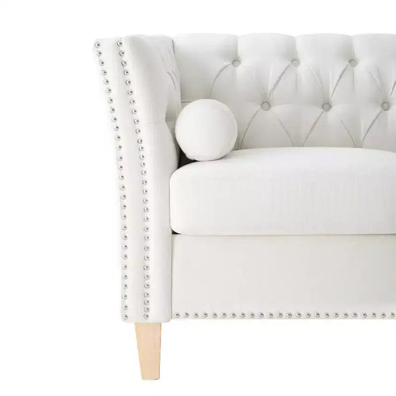 Divano a 3 posti di transizione, beige, trapuntato con borchie decorative