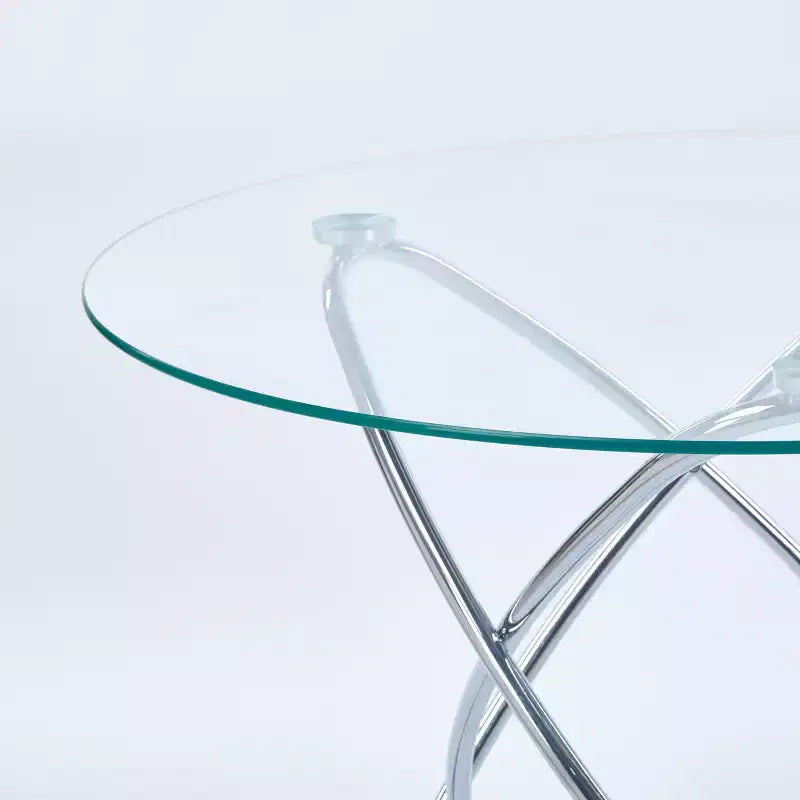 Tavolo da pranzo con piano in vetro temperato trasparente e gambe cromate, stile moderno, 4 posti