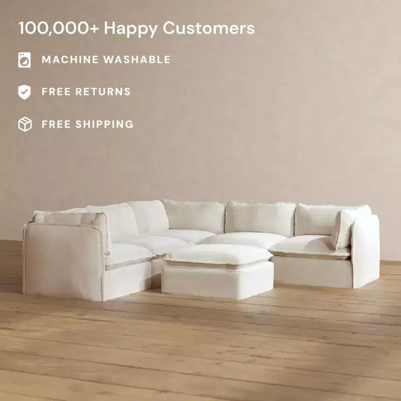 Divano ad angolo modulare lavabile + pouf, colori multipli, 5 posti a sedere