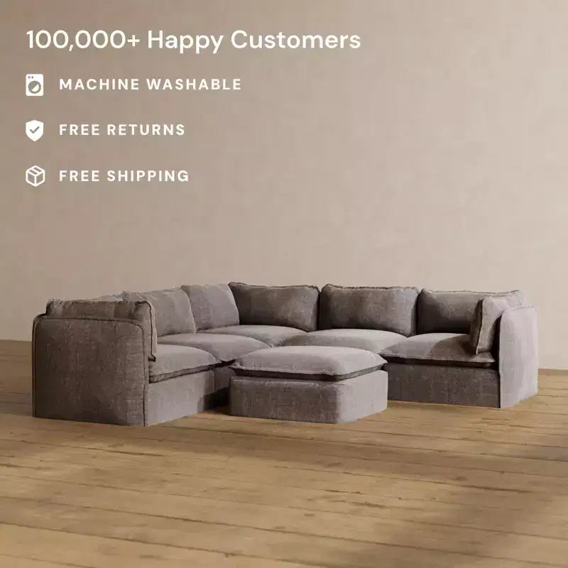 Modular Washable Corner Sofa Sectional + Ottoman, Multiple Colors, Seats 5