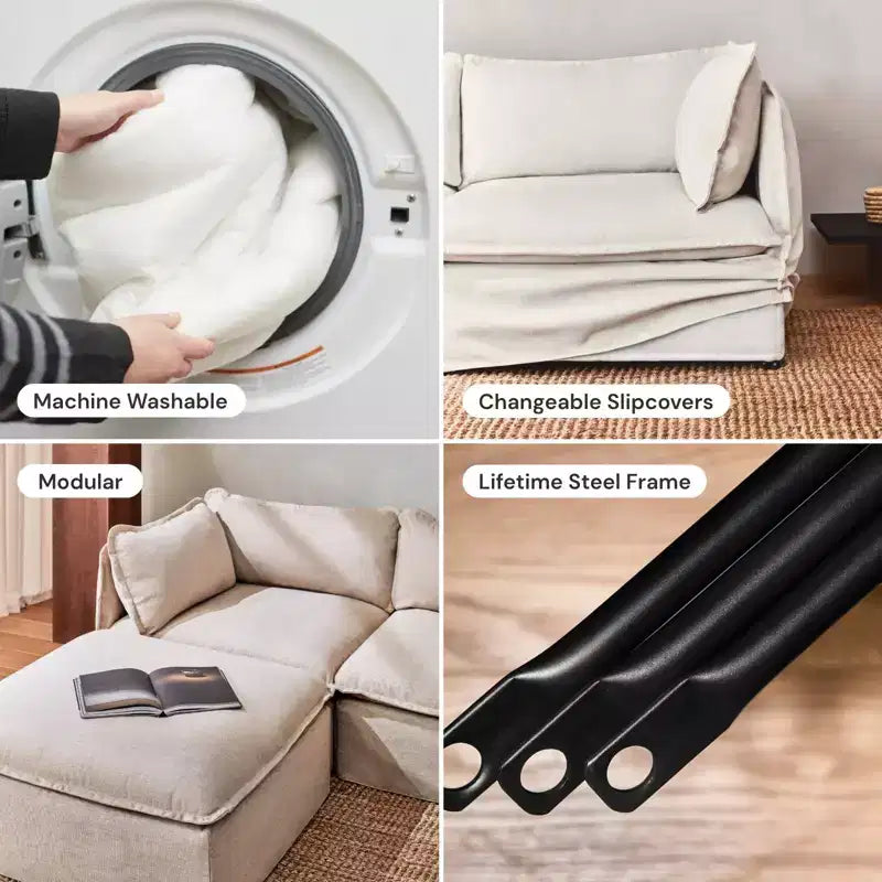Divano ad angolo modulare lavabile + pouf, colori multipli, 5 posti a sedere