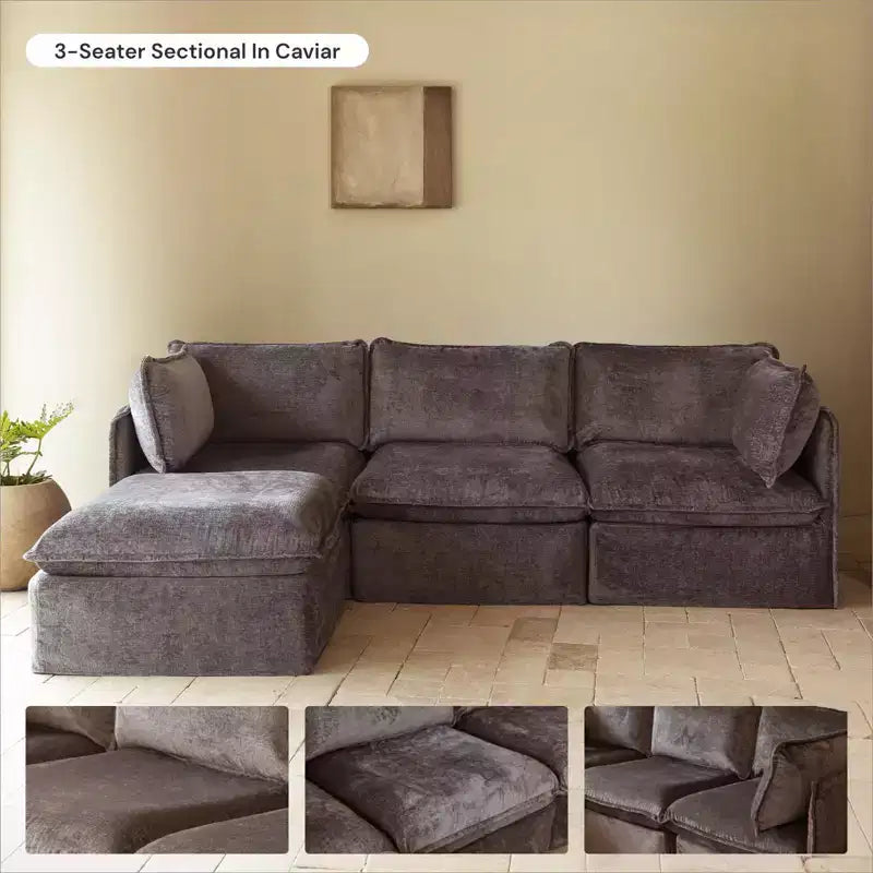 Divano ad angolo modulare lavabile + pouf, colori multipli, 5 posti a sedere
