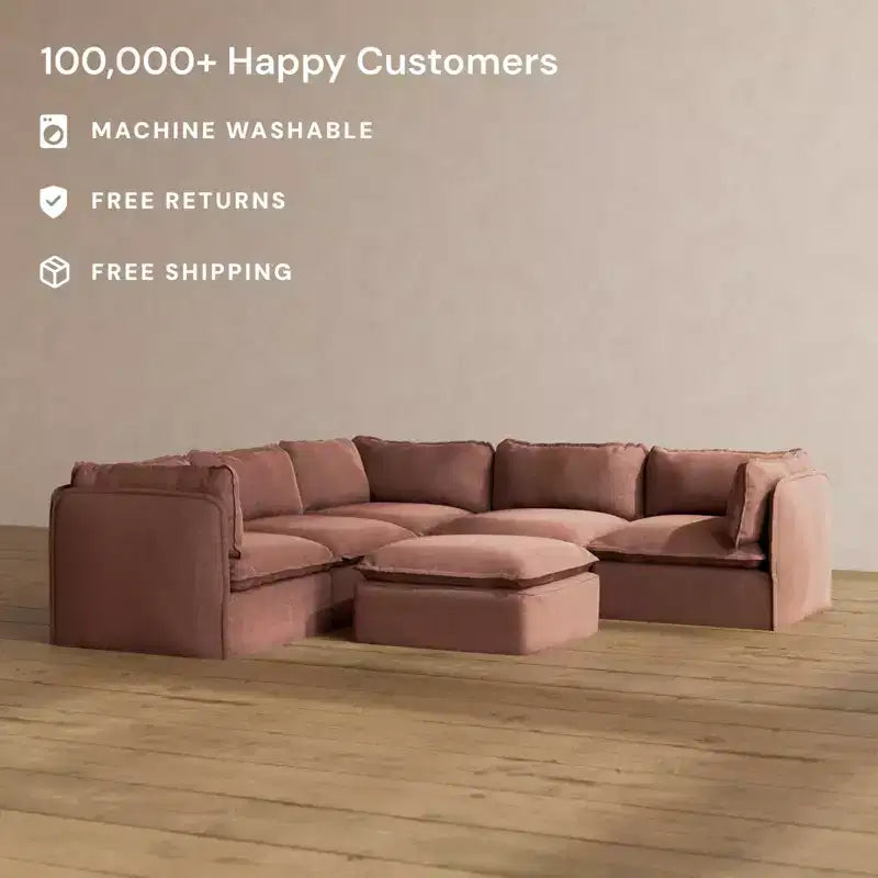 Divano ad angolo modulare lavabile + pouf, colori multipli, 5 posti a sedere