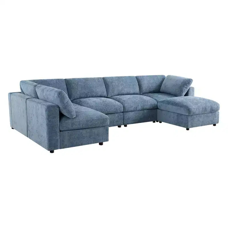 Divano sezionale a U blu/grigio/bianco, 6 posti, convertibile in letto