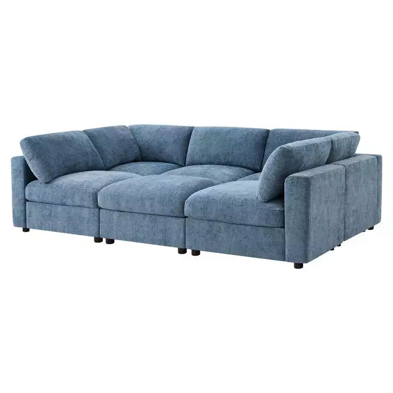Divano sezionale a U blu/grigio/bianco, 6 posti, convertibile in letto