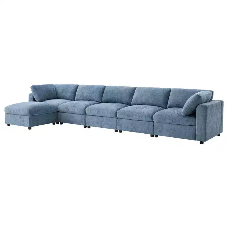 Divano sezionale a U blu/grigio/bianco, 6 posti, convertibile in letto