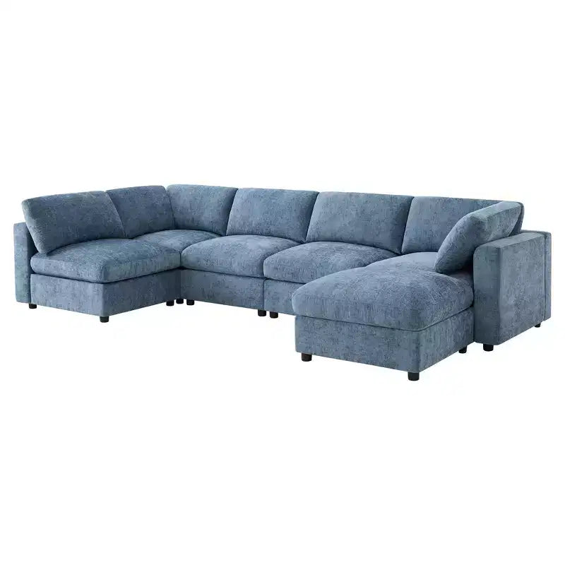 Divano sezionale a U blu/grigio/bianco, 6 posti, convertibile in letto