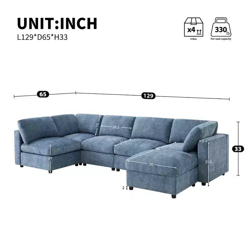 Divano sezionale a U blu/grigio/bianco, 6 posti, convertibile in letto
