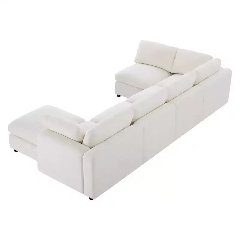 Divano sezionale a U blu/grigio/bianco, 6 posti, convertibile in letto