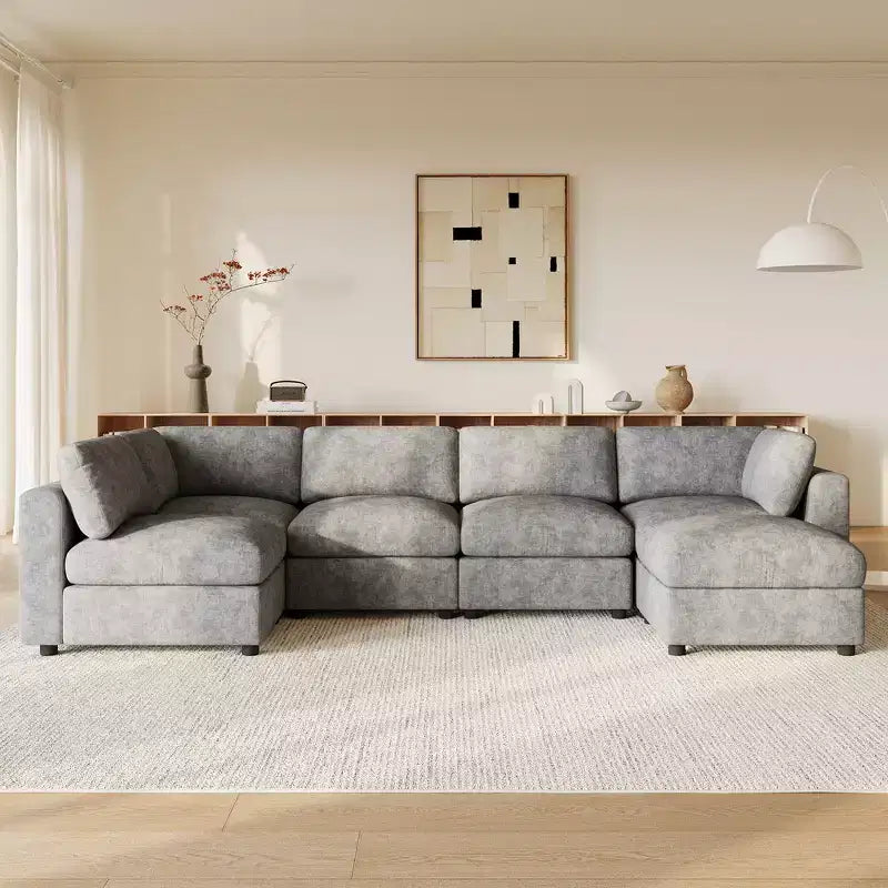 Divano sezionale a U blu/grigio/bianco, 6 posti, convertibile in letto