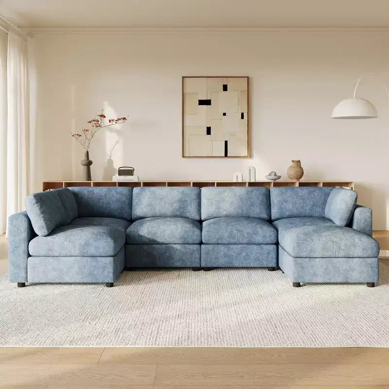 Divano sezionale a U blu/grigio/bianco, 6 posti, convertibile in letto