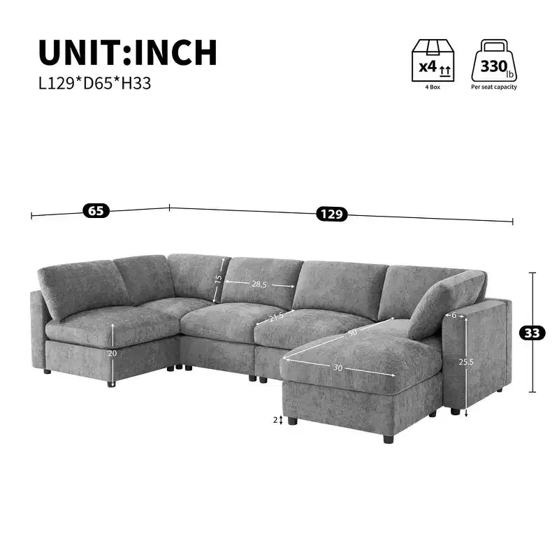 Divano sezionale a U blu/grigio/bianco, 6 posti, convertibile in letto
