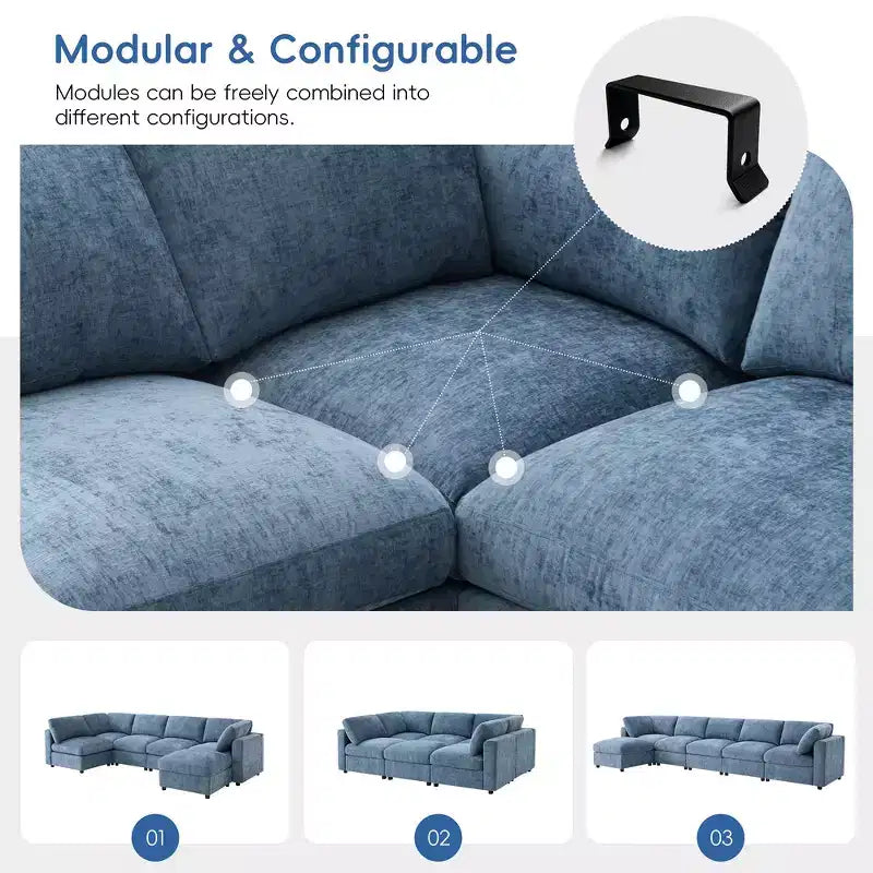 Divano sezionale a U blu/grigio/bianco, 6 posti, convertibile in letto