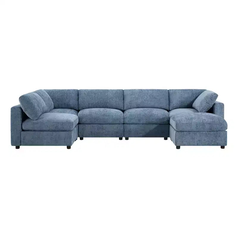 Divano sezionale a U blu/grigio/bianco, 6 posti, convertibile in letto