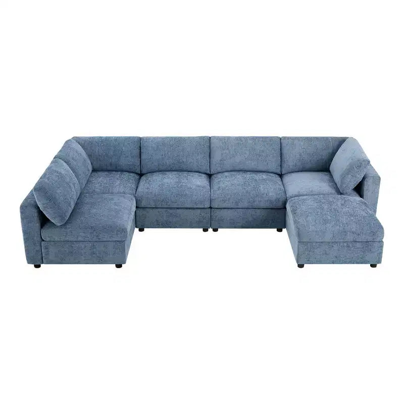 Divano sezionale a U blu/grigio/bianco, 6 posti, convertibile in letto