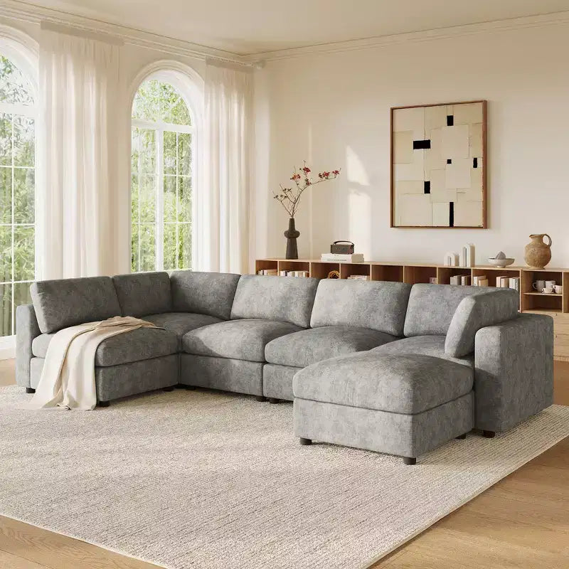 Divano sezionale a U blu/grigio/bianco, 6 posti, convertibile in letto