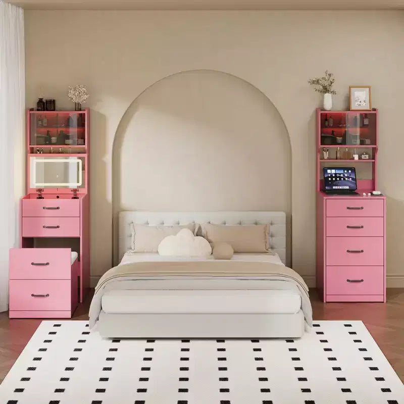Set scrivania da trucco in legno Nero/Rosa/Noce/Bianco con specchio – 1 persona