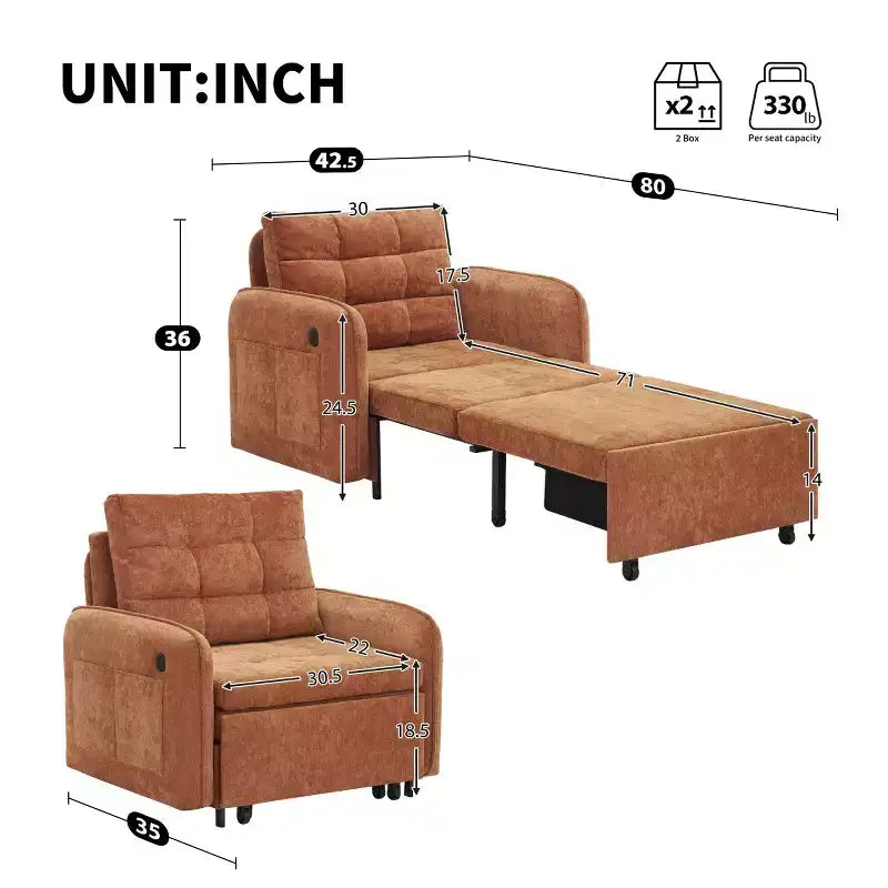 Sedia letto convertibile 3-in-1 Beige/Verde/Arancio, singola