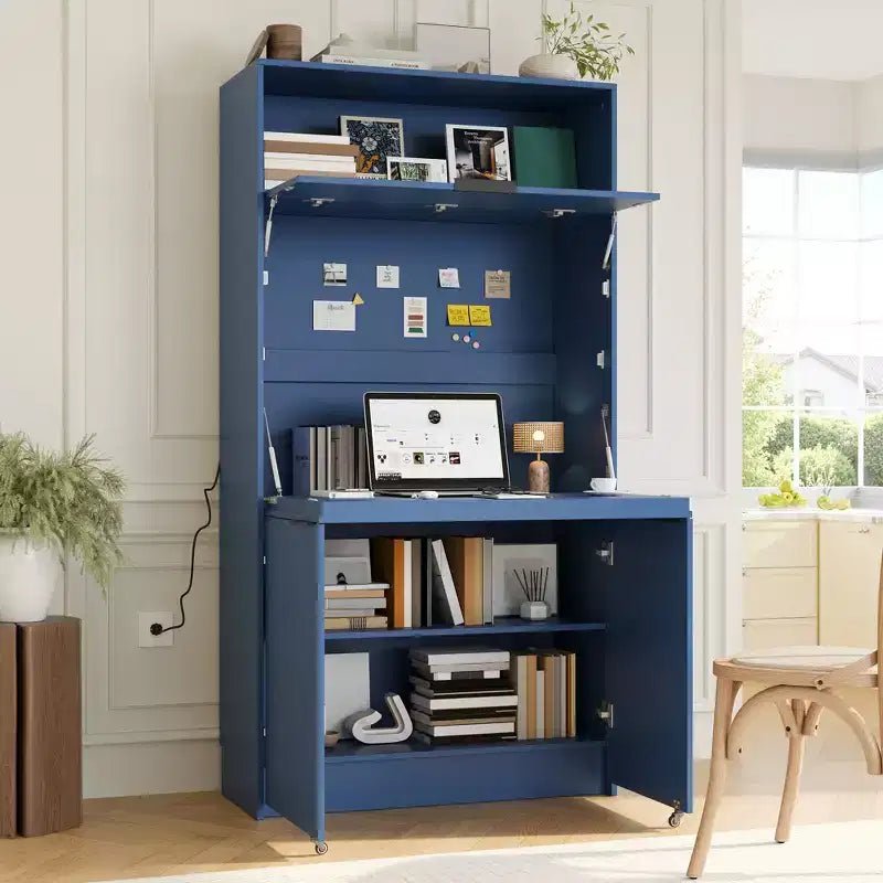 Dispensa da cucina blu scuro / naturale / bianca con credenza e postazione di lavoro pieghevole, 1 persona