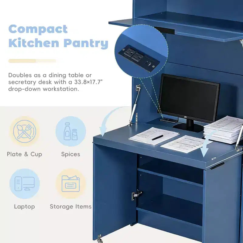 Dispensa da cucina blu scuro / naturale / bianca con credenza e postazione di lavoro pieghevole, 1 persona