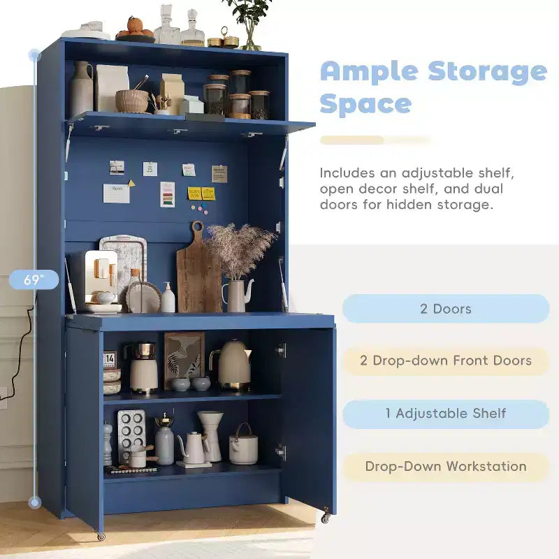 Dispensa da cucina blu scuro / naturale / bianca con credenza e postazione di lavoro pieghevole, 1 persona