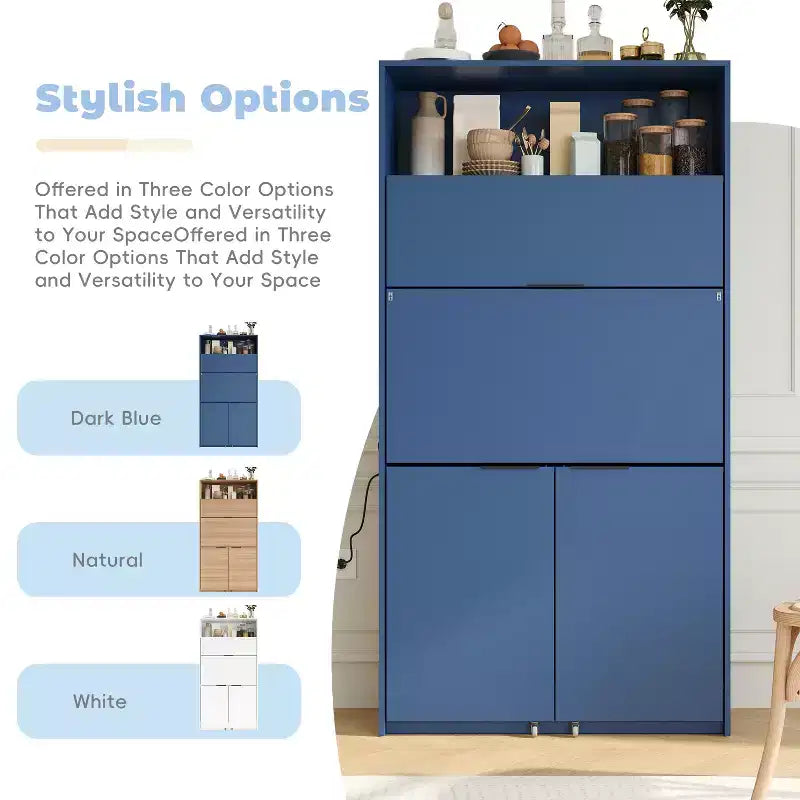 Dispensa da cucina blu scuro / naturale / bianca con credenza e postazione di lavoro pieghevole, 1 persona