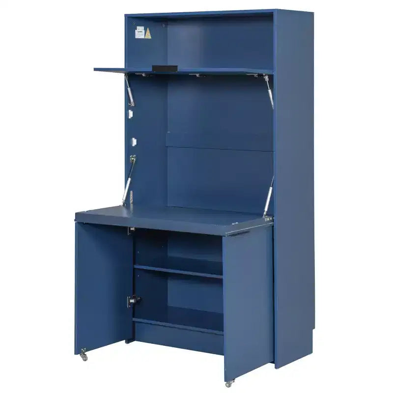 Dispensa da cucina blu scuro / naturale / bianca con credenza e postazione di lavoro pieghevole, 1 persona