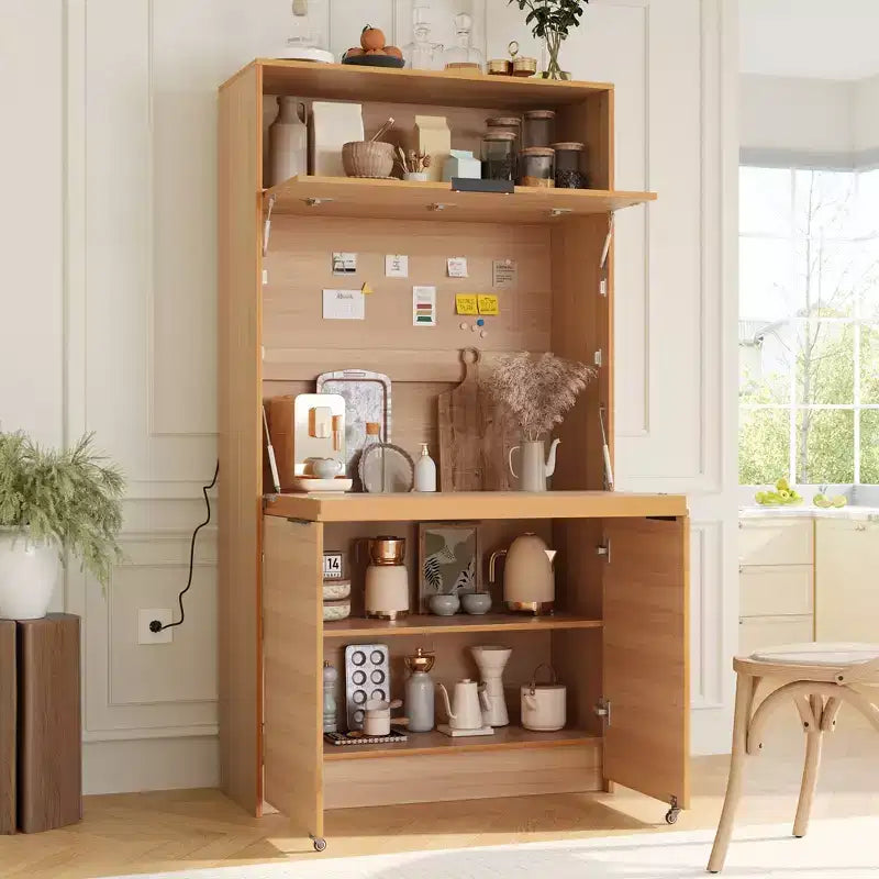 Dispensa da cucina blu scuro / naturale / bianca con credenza e postazione di lavoro pieghevole, 1 persona