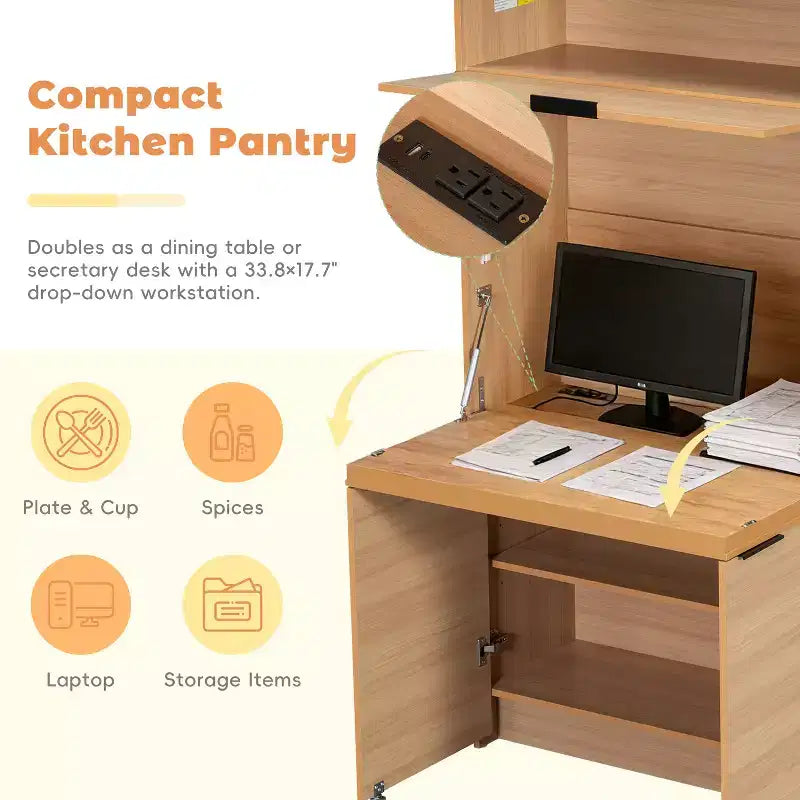 Dispensa da cucina blu scuro / naturale / bianca con credenza e postazione di lavoro pieghevole, 1 persona