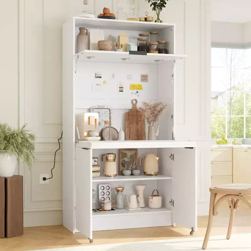 Dispensa da cucina blu scuro / naturale / bianca con credenza e postazione di lavoro pieghevole, 1 persona