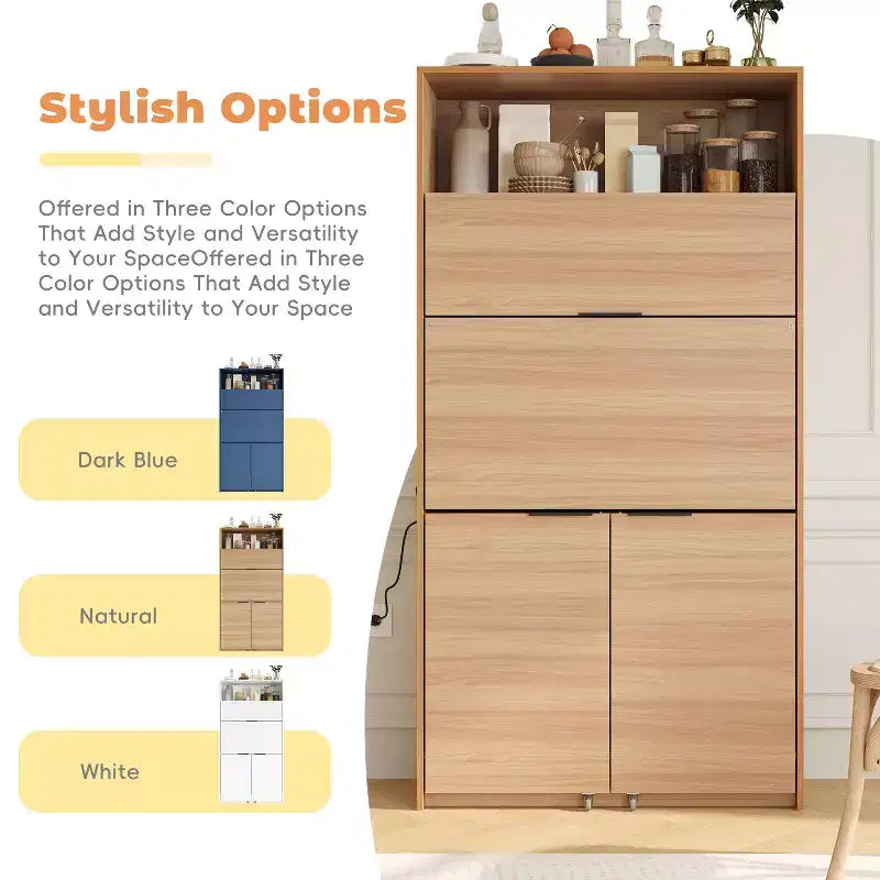Dispensa da cucina blu scuro / naturale / bianca con credenza e postazione di lavoro pieghevole, 1 persona