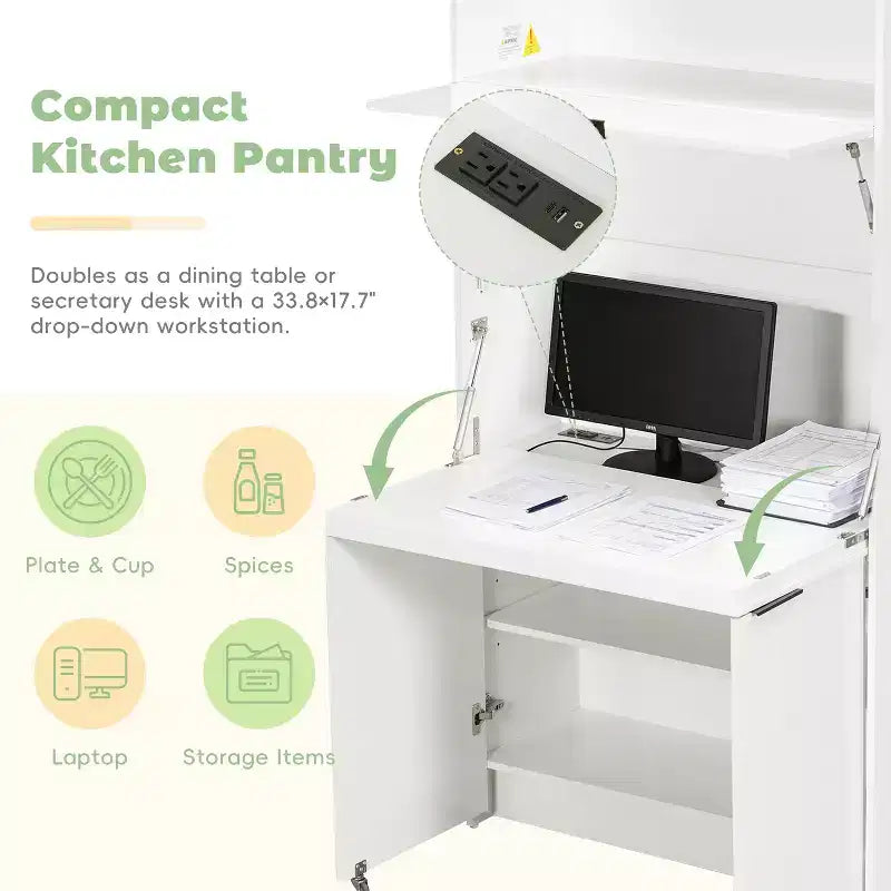 Dispensa da cucina blu scuro / naturale / bianca con credenza e postazione di lavoro pieghevole, 1 persona