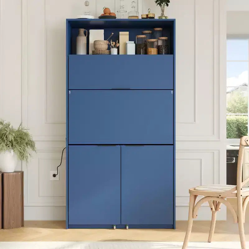 Dispensa da cucina blu scuro / naturale / bianca con credenza e postazione di lavoro pieghevole, 1 persona