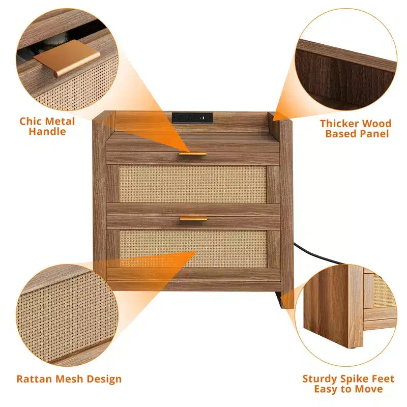 Comodino in Rattan Marrone con Stazione di Ricarica, 2 Cassetti, Set da 2