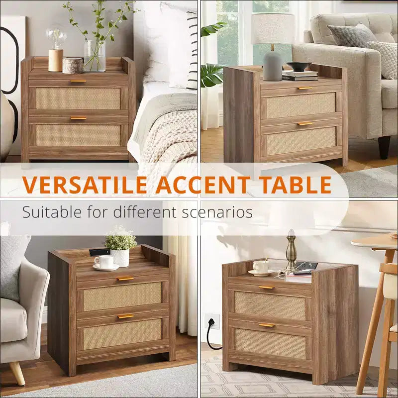 Comodino in Rattan Marrone con Stazione di Ricarica, 2 Cassetti, Set da 2