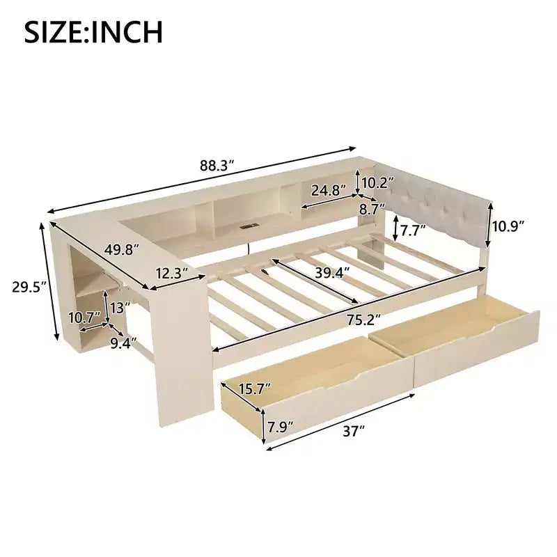 Divano letto a piattaforma imbottito in lino color crema/grigio con contenitore – Singolo/Matrimoniale, 1 posto