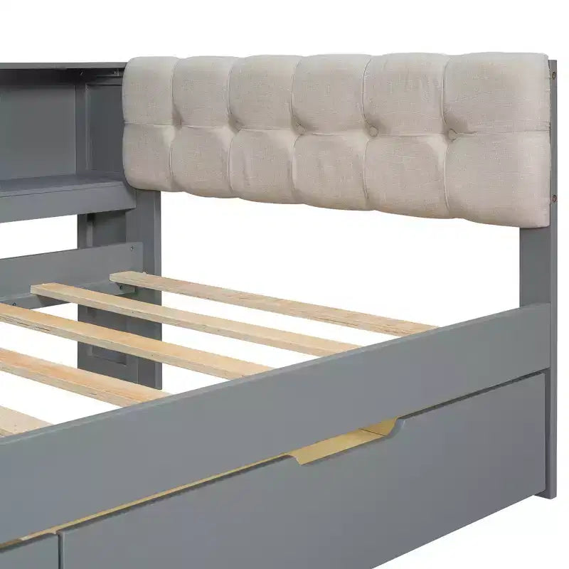 Divano letto a piattaforma imbottito in lino color crema/grigio con contenitore – Singolo/Matrimoniale, 1 posto