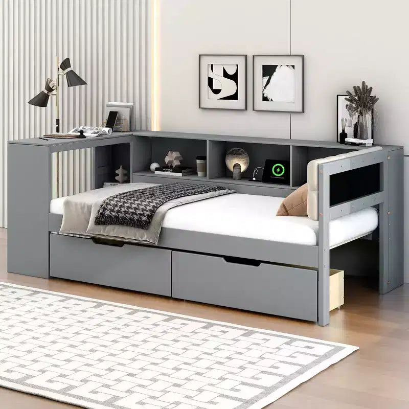 Divano letto a piattaforma imbottito in lino color crema/grigio con contenitore – Singolo/Matrimoniale, 1 posto