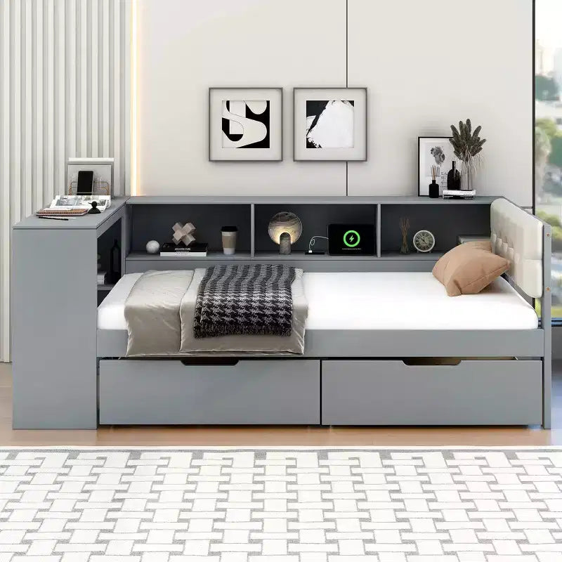 Divano letto a piattaforma imbottito in lino color crema/grigio con contenitore – Singolo/Matrimoniale, 1 posto