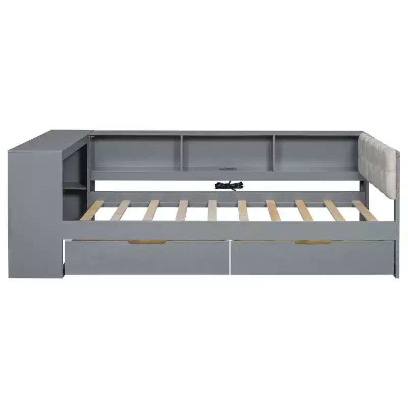 Divano letto a piattaforma imbottito in lino color crema/grigio con contenitore – Singolo/Matrimoniale, 1 posto